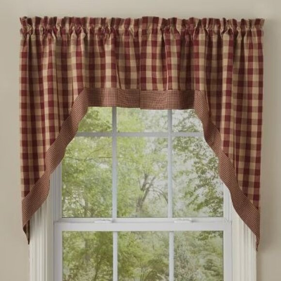 Park Designs Burgundy Check Cotton Curtain Swag Two Sets Rustic Farm House Cabin - Picture 1 of 8